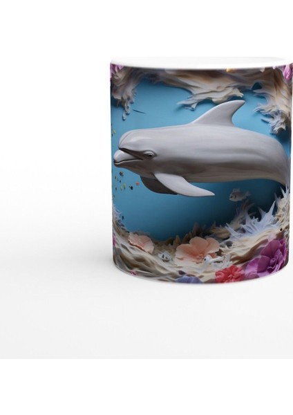 Rengarenk Mercanlar Arasında Neşeli Yunus Temalı Su Altı Kupa Bardak