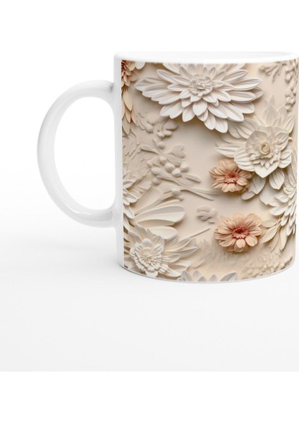 Pudra ve Fildişi Rölyef Çiçekli Kupa Bardak