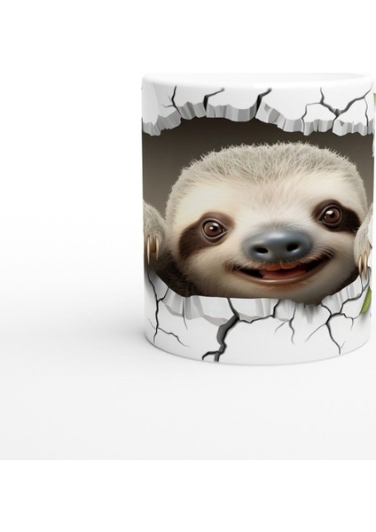 Beyaz Çiçekler Arasından Bakan Tembel Hayvan Baskılı Kupa Bardak