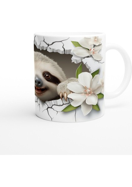 Beyaz Çiçekler Arasından Bakan Tembel Hayvan Baskılı Kupa Bardak fiyatları