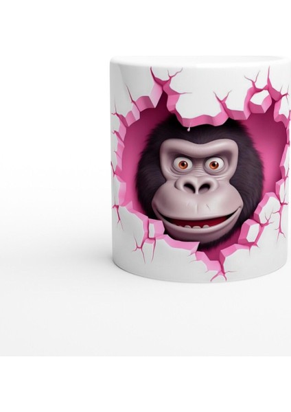 Çatlak Kalpli Duvardan Bakan Gülümseyen Goril Temalı Baskılı Kupa Bardak