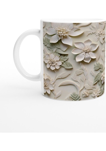 Krem ve Yeşil Rölyef Çiçek Desenli Kupa Bardak