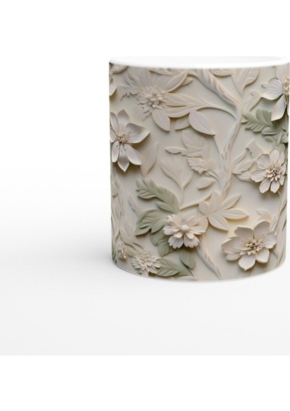 Krem ve Yeşil Rölyef Çiçek Desenli Kupa Bardak fiyatları
