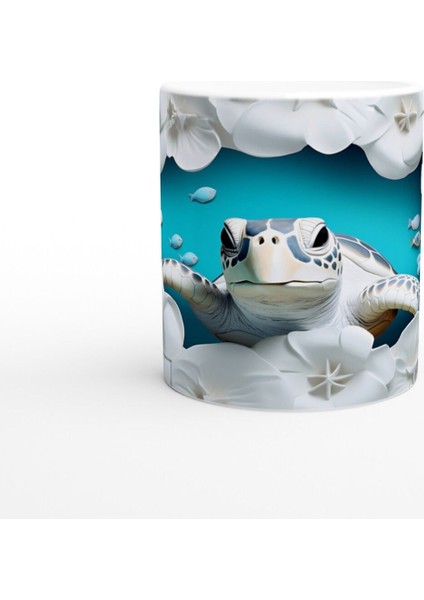 Beyaz Çiçekler ve Mavi Balıklar Arasında Deniz Kaplumbağası Kupa Bardak