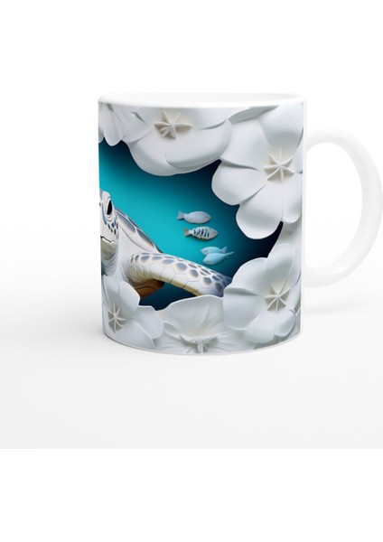 Beyaz Çiçekler ve Mavi Balıklar Arasında Deniz Kaplumbağası Kupa Bardak modelleri
