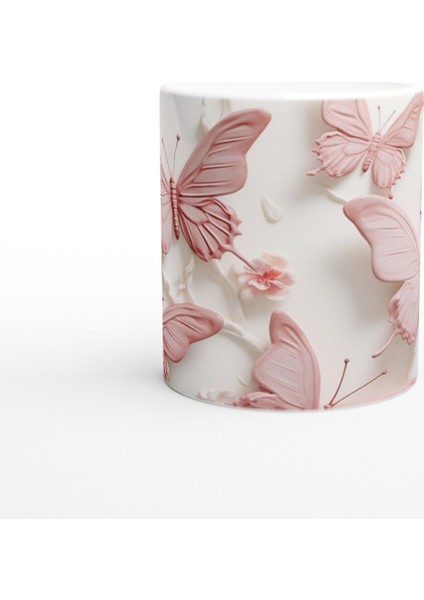 Inci Parlaklığında Pembe Kelebek Temalı Baskılı Kupa Bardak