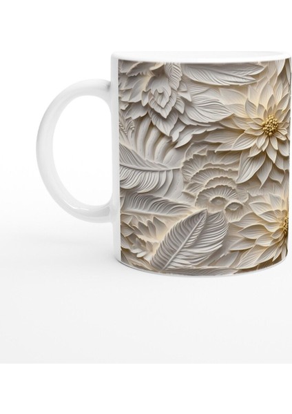 Bej Rölyef Çiçek ve Yaprak Desenli Kupa Bardak