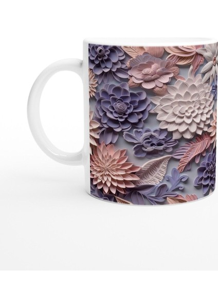 Pudra ve Leylak Renkli Rölyef Çiçek Desenli Kupa Bardak