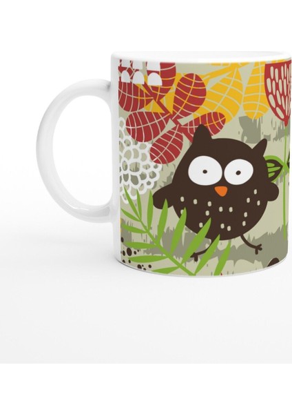 Renkli Baykuş ve Yaprak Desenli Kupa Bardak