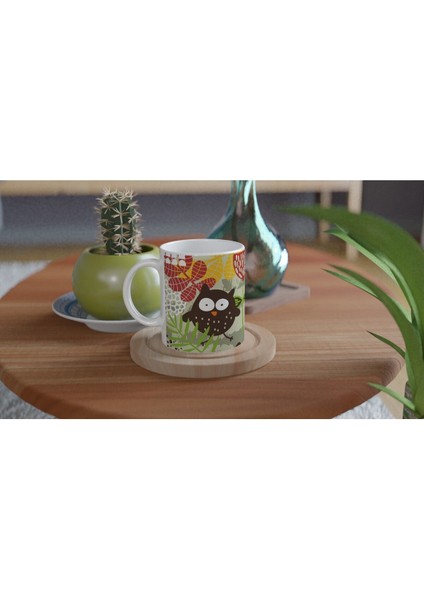 Renkli Baykuş ve Yaprak Desenli Kupa Bardak fırsatları