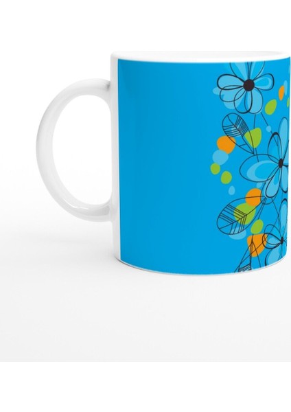 Turkuaz Çizgi Çiçekli Kupa Bardak