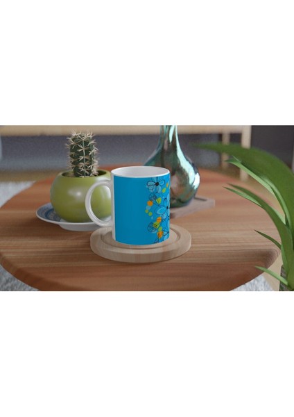 Turkuaz Çizgi Çiçekli Kupa Bardak fırsatları