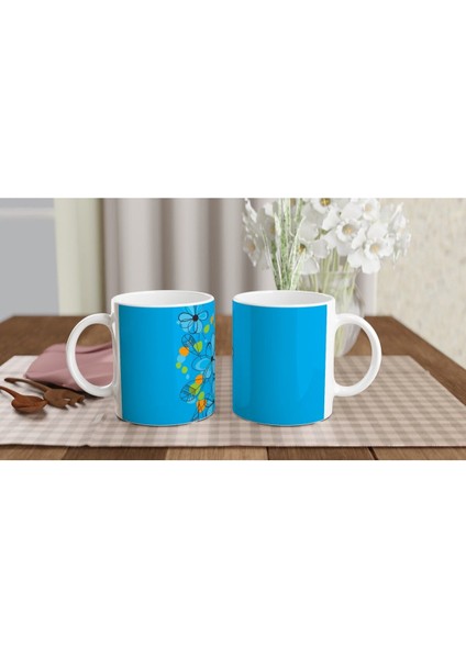 Turkuaz Çizgi Çiçekli Kupa Bardak indirimleri