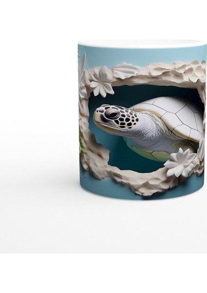 Tropikal Yapraklar ve Beyaz Çiçekler Arasında Deniz Kaplumbağası Kupa Bardak