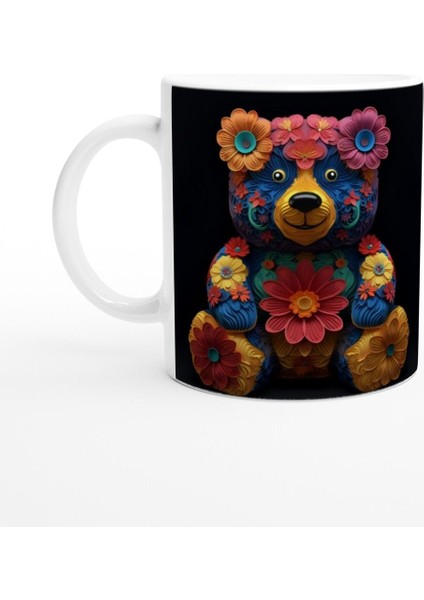 Çiçekli Sevimli Ayıcık Temalı Renkli Sanatsal Kupa Bardak