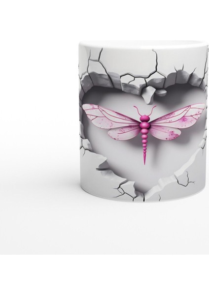 Kalpli Çatlak Duvar Efektli Pembe Yusufçuk Temalı Baskılı Kupa Bardak