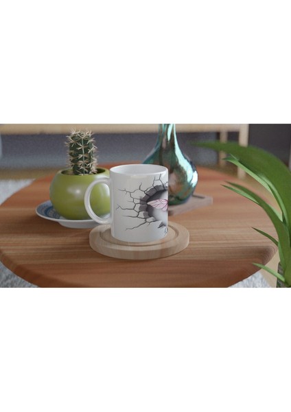 Kalpli Çatlak Duvar Efektli Pembe Yusufçuk Temalı Baskılı Kupa Bardak fırsatları