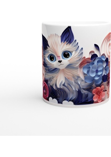 Mavi Gözlü Sevimli Kedi ve Çiçek Bahçesi Temalı Baskılı Kupa Bardak