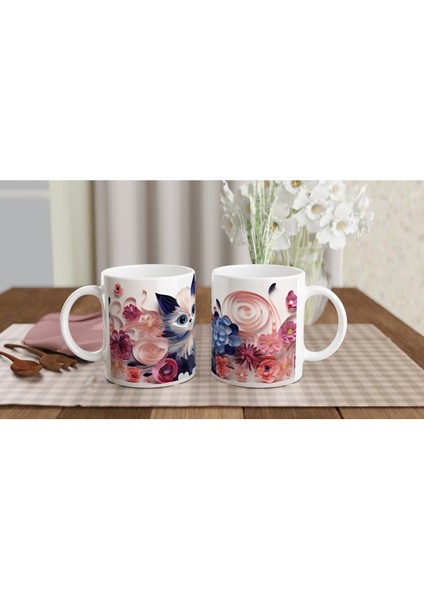 Mavi Gözlü Sevimli Kedi ve Çiçek Bahçesi Temalı Baskılı Kupa Bardak indirimleri