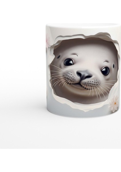 Gülümseyen Fok ve Pembe Çiçekli Su Altı Temalı Kupa Bardak