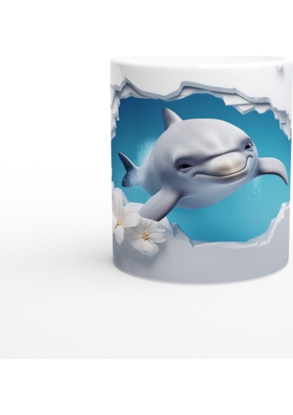 Neşeli Yunus ve Beyaz Çiçekler Su Altı Temalı Kupa Bardak