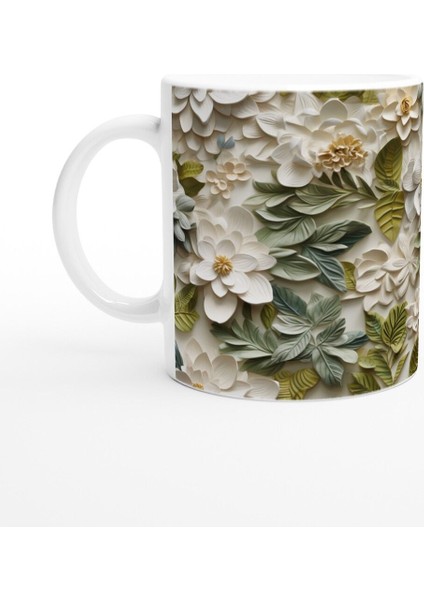 Beyaz Çiçekli Doğal Yaprak Desenli Kupa