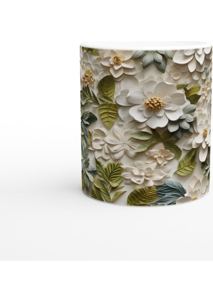 Beyaz Çiçekli Doğal Yaprak Desenli Kupa fiyatları