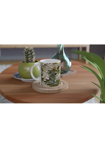 Beyaz Çiçekli Doğal Yaprak Desenli Kupa fırsatları