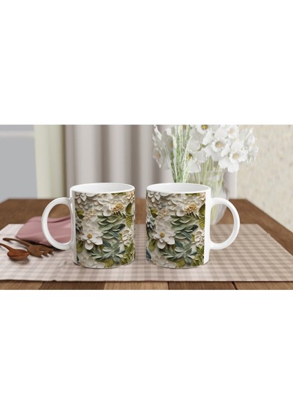 Beyaz Çiçekli Doğal Yaprak Desenli Kupa indirimleri