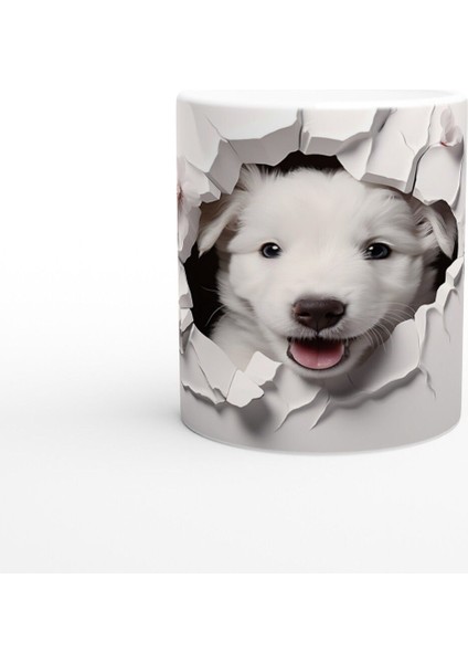 Gülümseyen Beyaz Yavru Köpek ve Kiraz Çiçekleri Baskılı Kupa Bardak