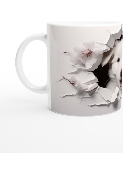 Gülümseyen Beyaz Yavru Köpek ve Kiraz Çiçekleri Baskılı Kupa Bardak fiyatları