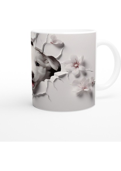 Gülümseyen Beyaz Yavru Köpek ve Kiraz Çiçekleri Baskılı Kupa Bardak modelleri