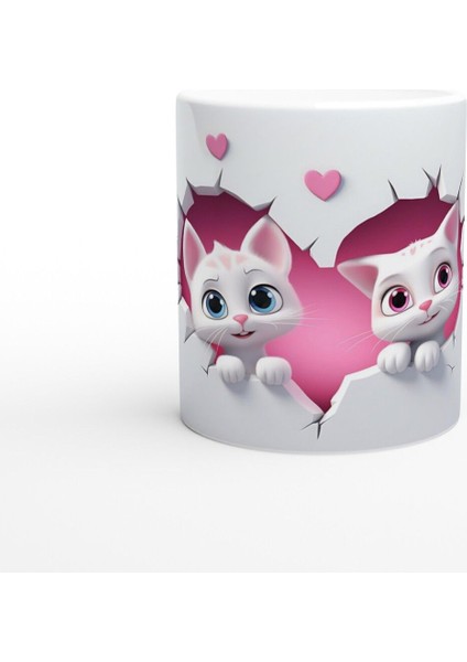 Kalp Içinden Bakan Sevimli Kedi Çifti Temalı Baskılı Kupa Bardak
