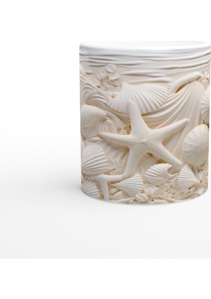 Krem Tonlarında Deniz Kabuğu ve Yıldız Desenli Su Altı Temalı Kupa Bardak