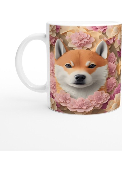Pastel Çiçekler Arasında Shiba Inu Köpek Baskılı Kupa Bardak