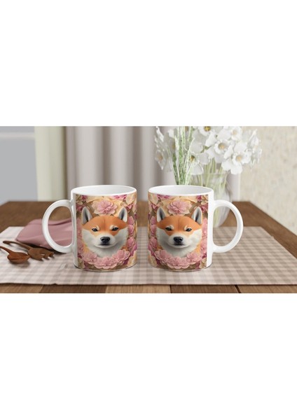 Pastel Çiçekler Arasında Shiba Inu Köpek Baskılı Kupa Bardak indirimleri