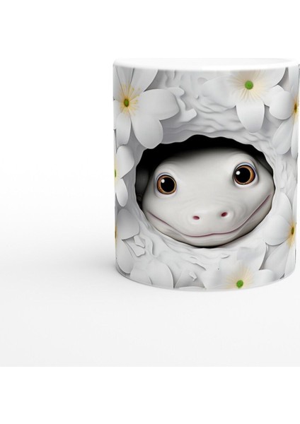 Beyaz Çiçekler Arasında Sevimli Semender Temalı Baskılı Kupa Bardak