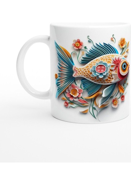 Kağıt Kesim Stilinde Çiçekli Renkli Balık Kupa Bardak