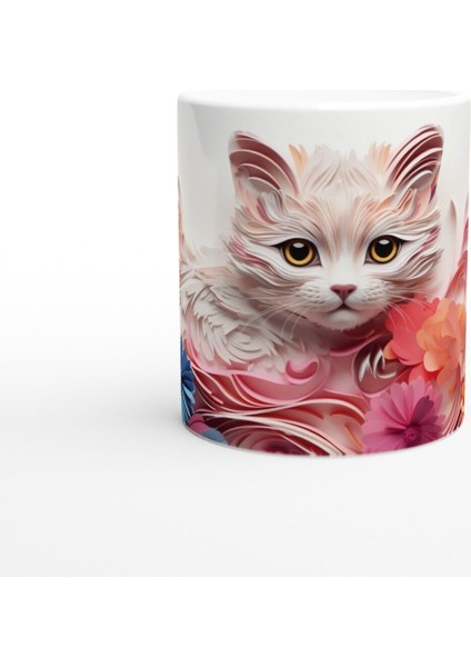 Renkli Çiçekler Arasında Meraklı Kedi Temalı Baskılı Kupa Bardak