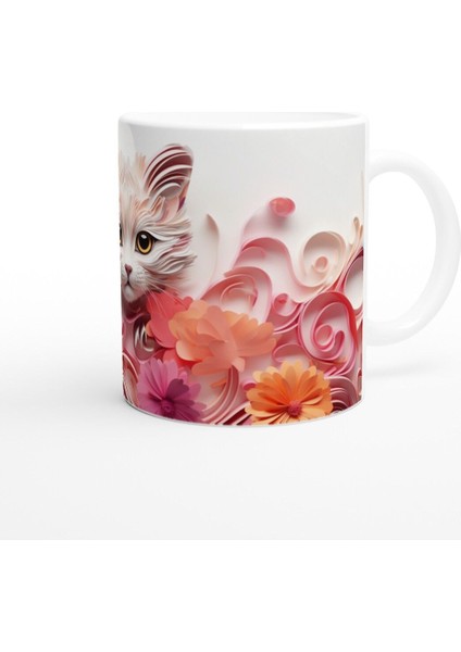 Renkli Çiçekler Arasında Meraklı Kedi Temalı Baskılı Kupa Bardak modelleri
