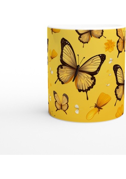 Sarı Fon Üzerinde Uçuşan Neşeli Kelebekler Temalı Baskılı Kupa Bardak