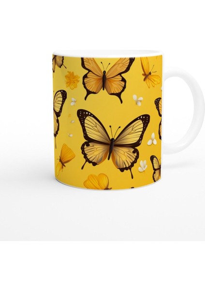 Sarı Fon Üzerinde Uçuşan Neşeli Kelebekler Temalı Baskılı Kupa Bardak modelleri