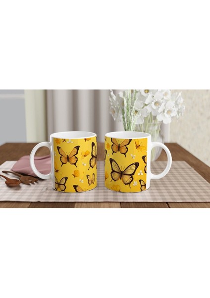 Sarı Fon Üzerinde Uçuşan Neşeli Kelebekler Temalı Baskılı Kupa Bardak indirimleri
