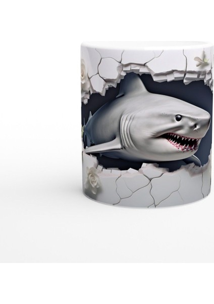 Duvarı Yırtan Köpekbalığı ve Beyaz Gül Temalı Su Altı Kupa Bardak