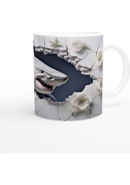 Duvarı Yırtan Köpekbalığı ve Beyaz Gül Temalı Su Altı Kupa Bardak modelleri