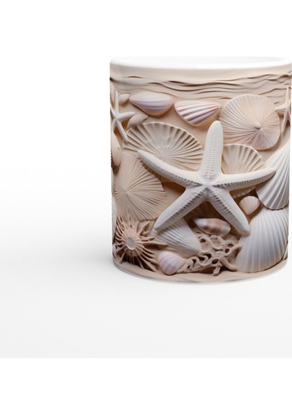 Kum Beji ve Pudra Tonlarında Deniz Kabuğu Desenli Su Altı Temalı Kupa Bardak