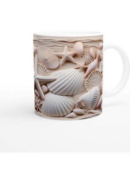 Kum Beji ve Pudra Tonlarında Deniz Kabuğu Desenli Su Altı Temalı Kupa Bardak modelleri