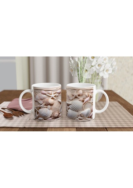 Kum Beji ve Pudra Tonlarında Deniz Kabuğu Desenli Su Altı Temalı Kupa Bardak indirimleri
