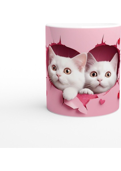 Kalp Şeklinde Çatlak Duvardan Bakan Iki Beyaz Kedi Temalı Baskılı Kupa Bardak