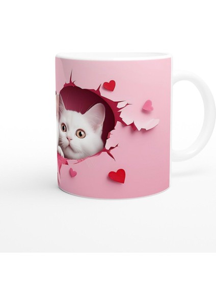 Kalp Şeklinde Çatlak Duvardan Bakan Iki Beyaz Kedi Temalı Baskılı Kupa Bardak modelleri